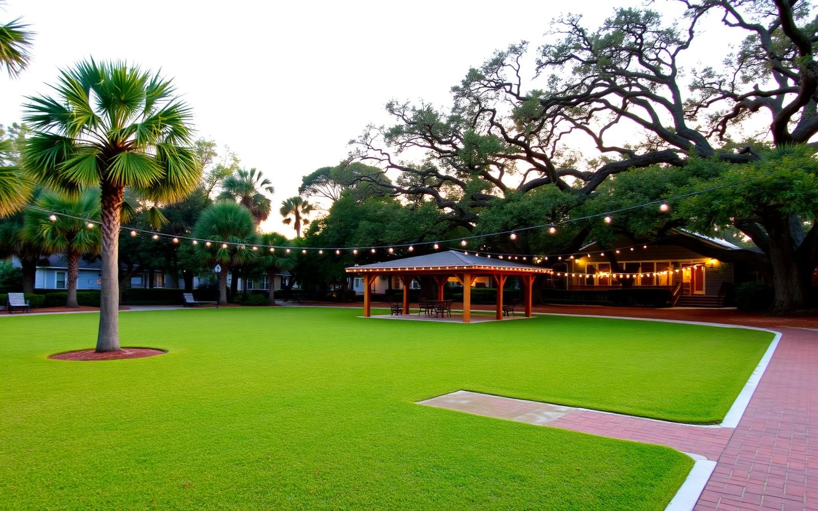 Community green with pavilion and string lights on Daniel Island
