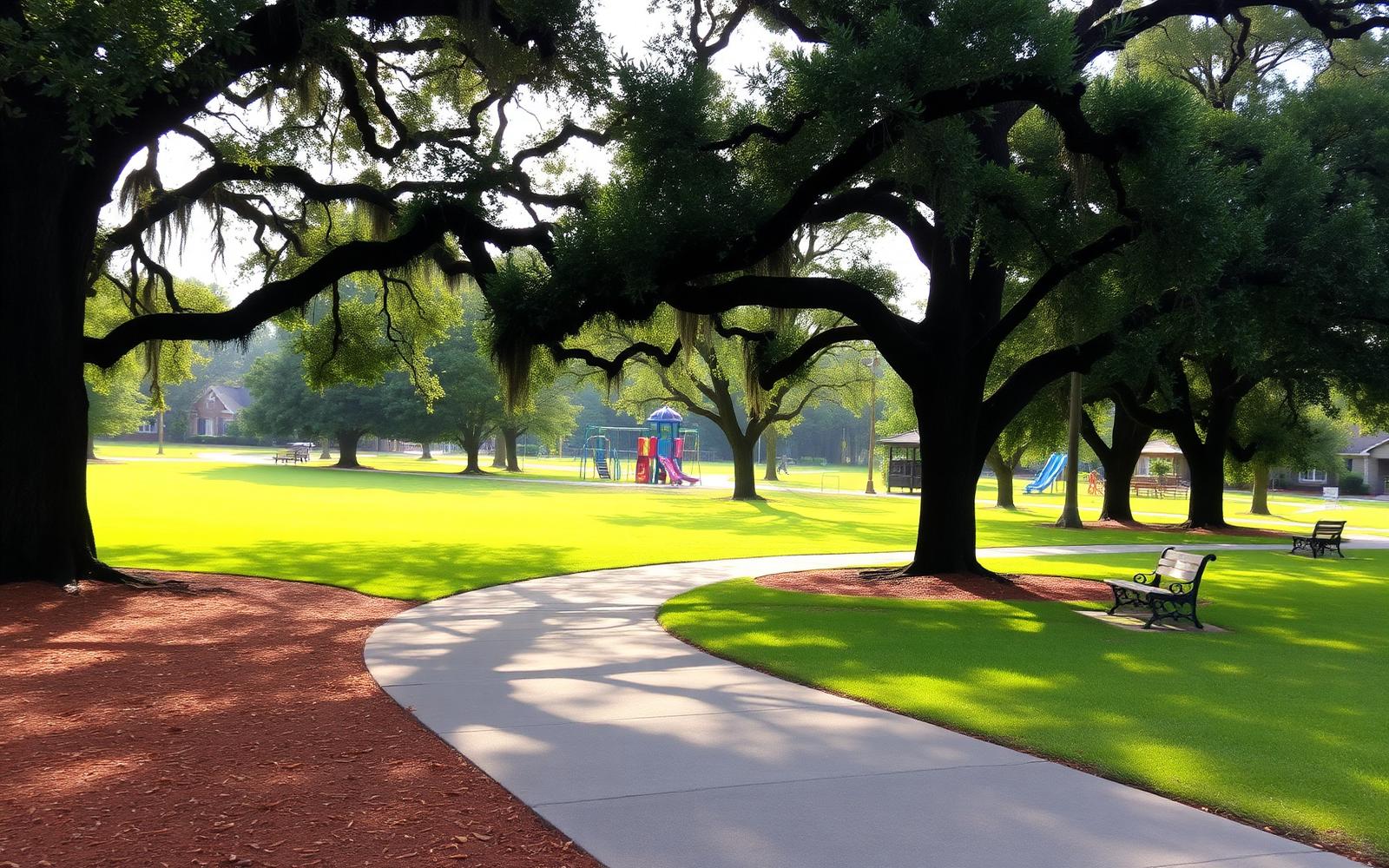 Shaded neighborhood park and walking trail on Daniel Island