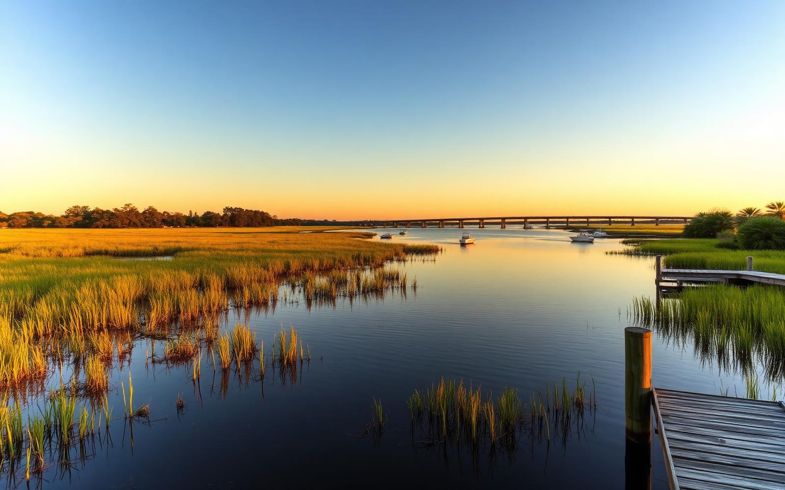 Tidal creek and marsh at sunset near Daniel Island