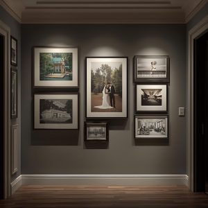 Personalized gallery wall ideas Charleston — elegant hallway gallery wall featuring wedding and family photos that tell a couple’s story through meaningful design.