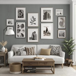 Personalized gallery wall ideas Charleston — cozy living room design with framed art and photos above a modern sofa, showing how to mix styles in a gallery wall.